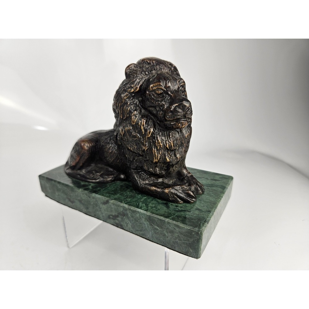 Vintage‎ Recumbent Lion Figurine Patinated Cast Metal Green Marble Base Unsigned